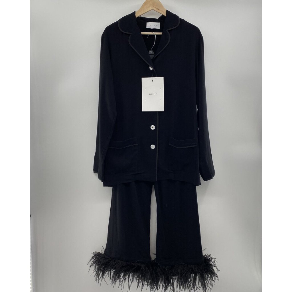 Sleeper Women’s Party Pajamas Set Pants Ostrich Feathers Black Size L Large $290